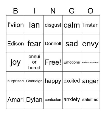 Emotions Bingo Card