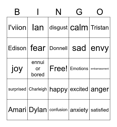 Emotions Bingo Card