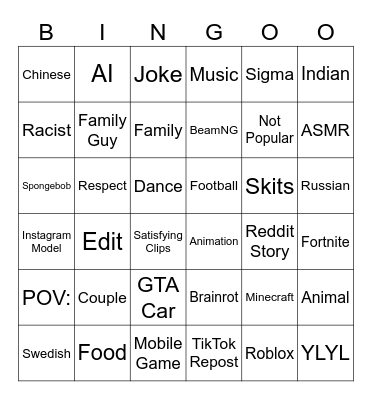 Youtube Shorts Bingo Card