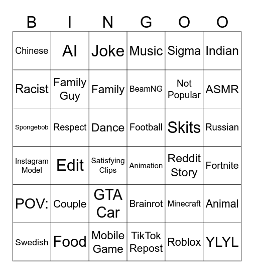 Youtube Shorts Bingo Card