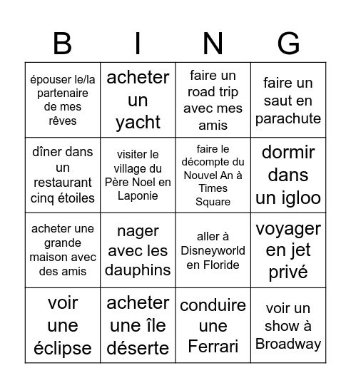 BUCKET LIST Bingo Card