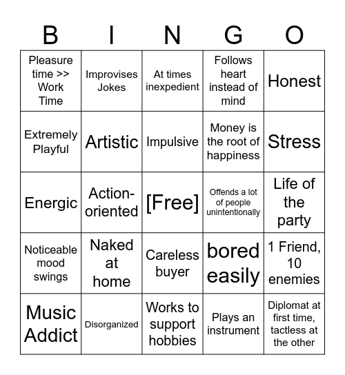 ESFP Bingo Card