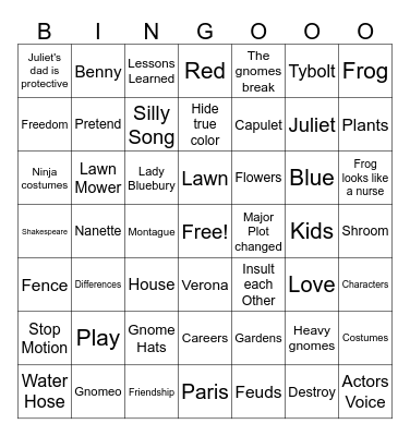 Gnomeo & Juliet Bingo Card