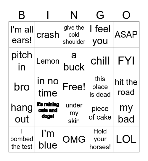 Slang Bingo Card