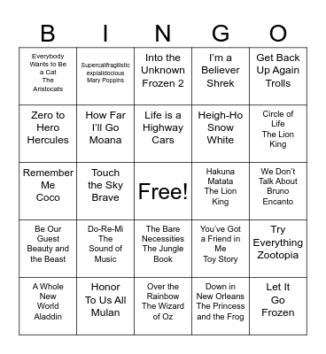 Movie Music Bingo Card