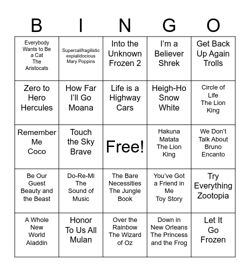 Movie Music Bingo Card