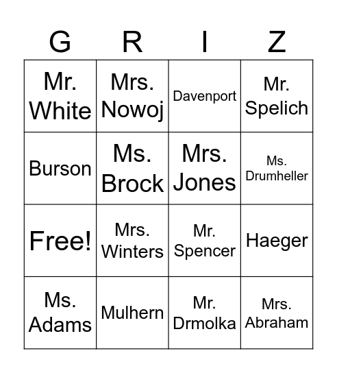 GRIZ Bingo Card