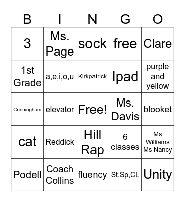 1st Grade Unity Bingo Card