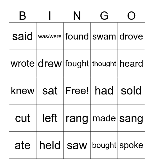 Irregular Verbs Bingo Card