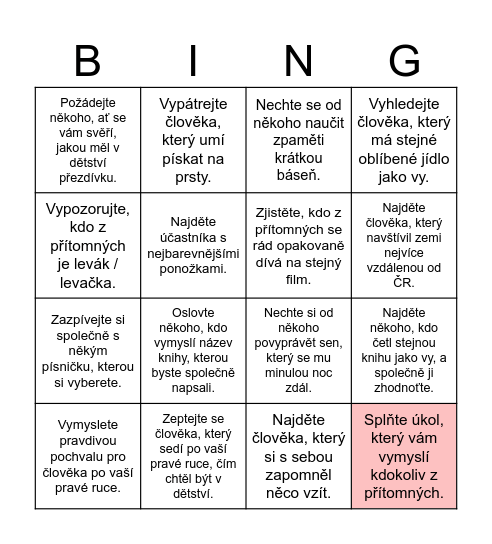 Splňte co největší počet úkolů: Bingo Card