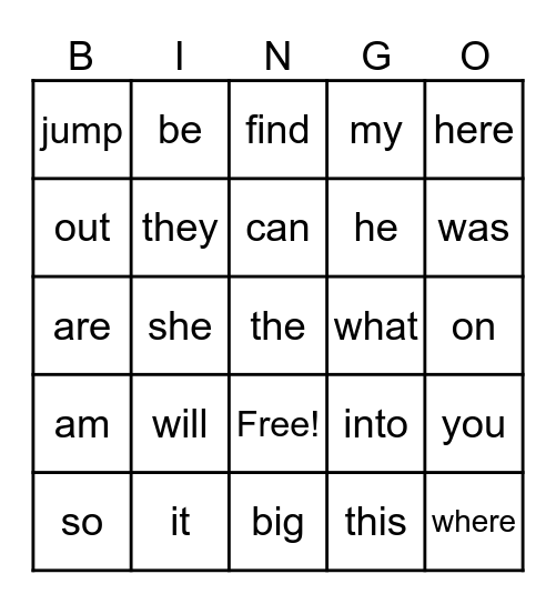 Sight Words Bingo Card