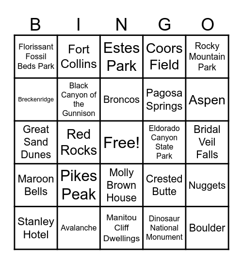 Things you see, places you'll go, in COLORADO Bingo Card