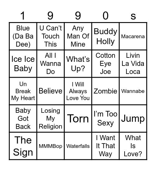 1990s Bingo Card