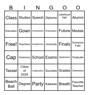 Kaleese Graudation Bingo Card