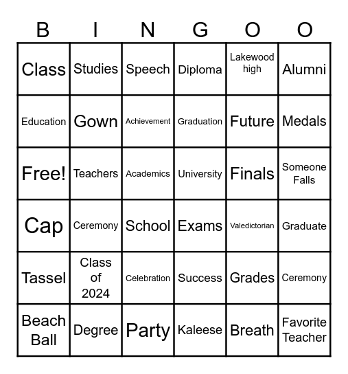 Kaleese Graudation Bingo Card