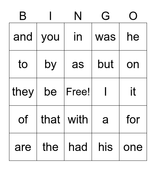 ThatSight Word Bingo Card