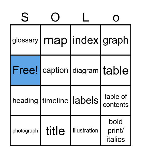Text Features Bingo Card
