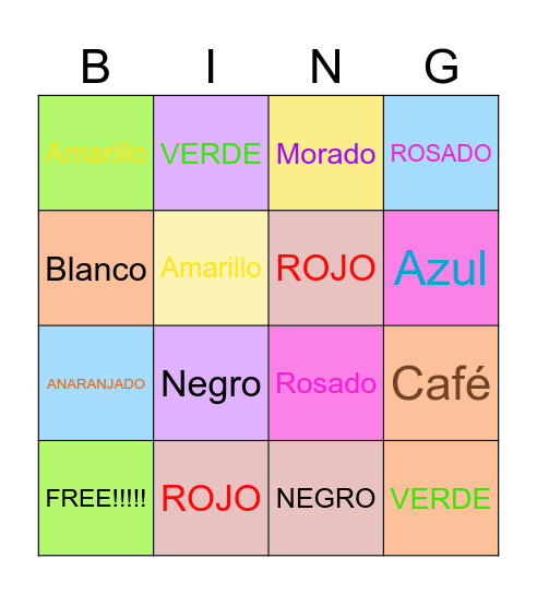 Colores Bingo Card