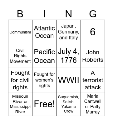 Civics #81-90 Plus a Few More Bingo Card