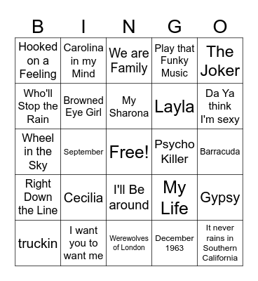 1970's Bingo Card