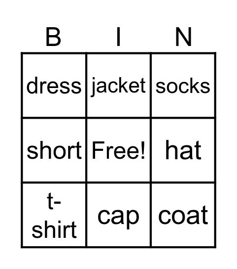 CLOTHES Bingo Card