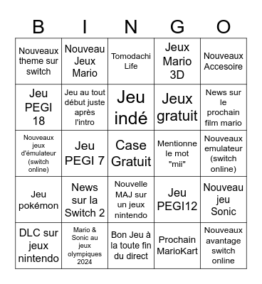 Nintendo Direct Juin Bingo Card