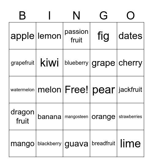 Know Your Fruit! Bingo Card