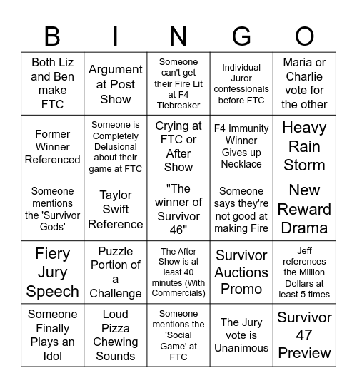 Survivor 46 Finale (Episode 13) Bingo Card