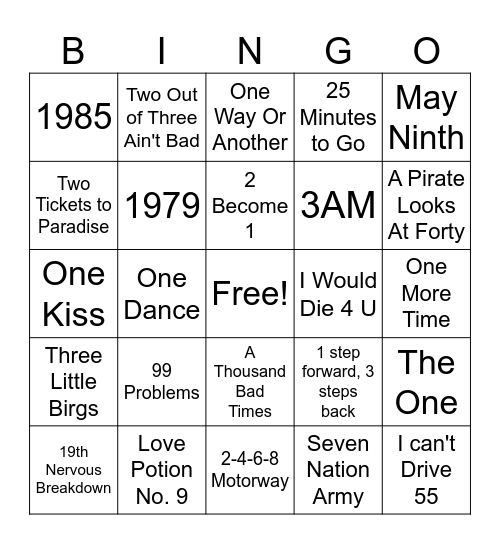 Songs with a number in the title Bingo Card