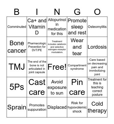 Musculoskeletal Bingo Card