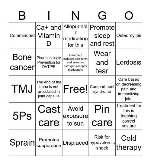 Musculoskeletal Bingo Card