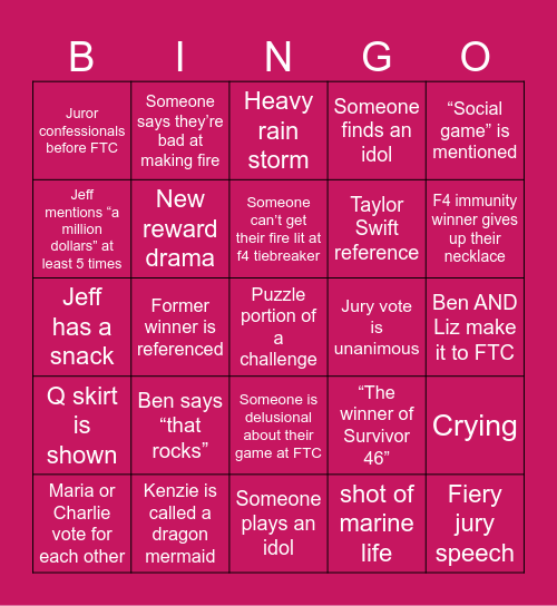 Survivor 46 Finale Bingo Card