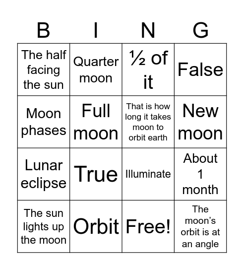 Earth, Moon, & Sun Bingo Card
