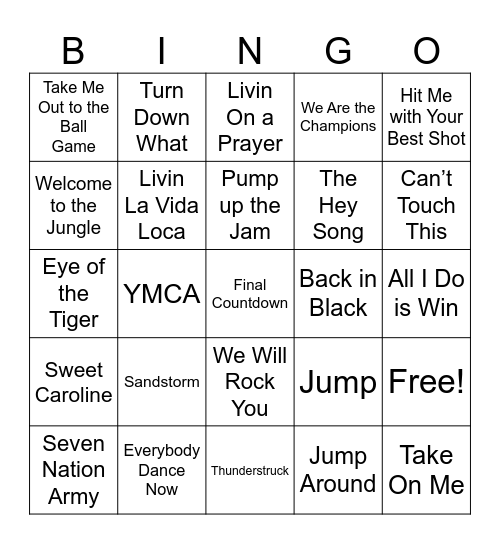 Stadium Hits Bingo Card