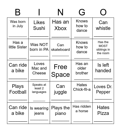 YOUTH HUMAN BINGO Card