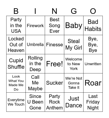 Pop Hits Bingo Card