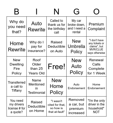 Insurance Bingo Card
