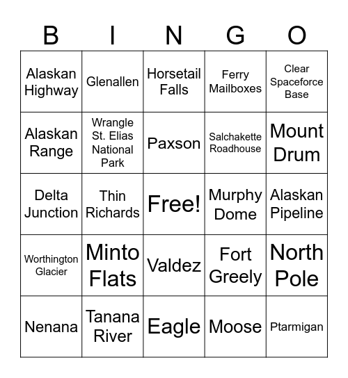 Alaskan Bingo Card