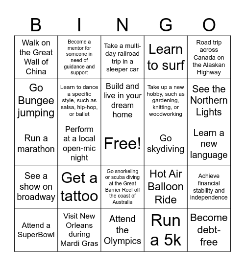 Bucket List Bingo Card