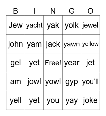 Y and J sounds Bingo Card