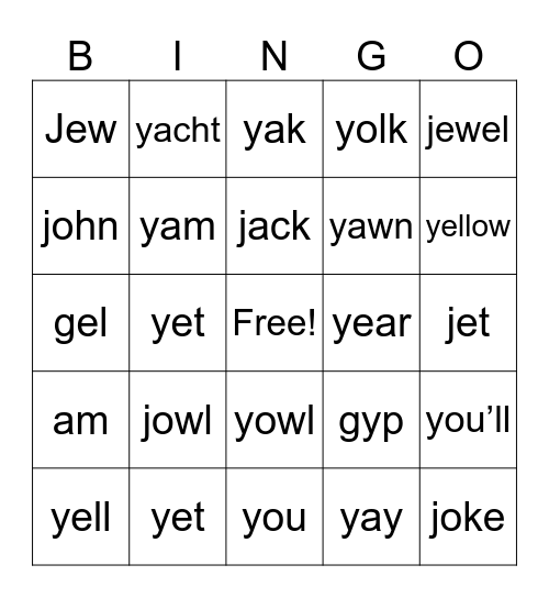 Y and J sounds Bingo Card