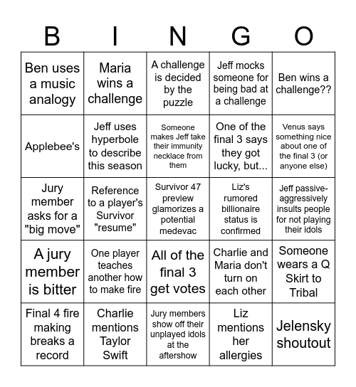 Survivor 46 Finale Bingo Card