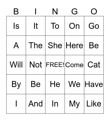 Bingo Sight words Bingo Card