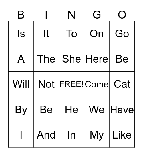 Bingo Sight words Bingo Card