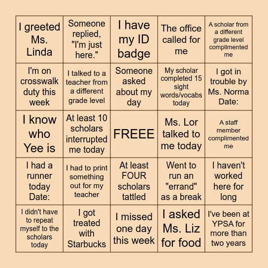 Instructional Aide Bingo! Bingo Card