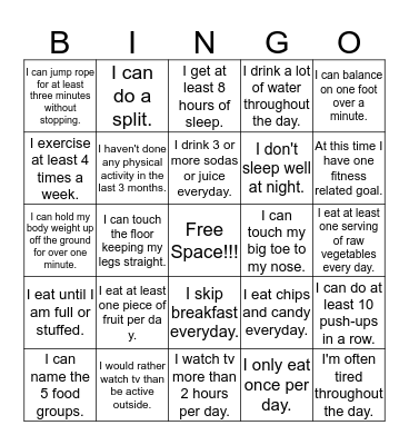 Health & Fitness Bingo Card
