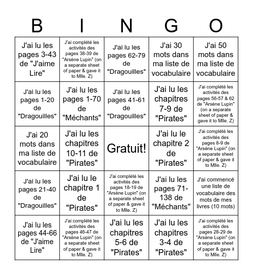 La Lecture de Callum Bingo Card