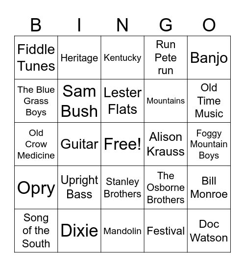 Bluegrass Bingo Card