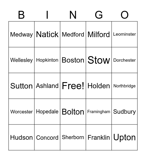 Massachusetts Towns Bingo Card