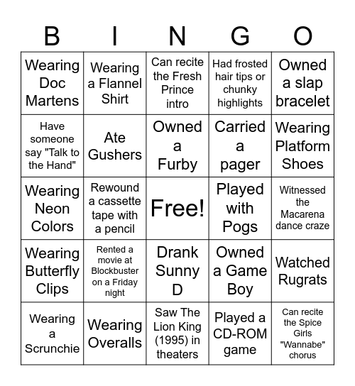 90s Bingo Card